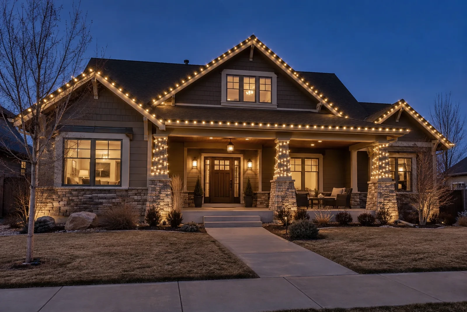 A craftsman with lights on the roofline and wrapped around each porch column